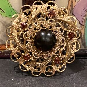 Vintage Gold tone and Black Cabochon Brooch with Amber color Crystal